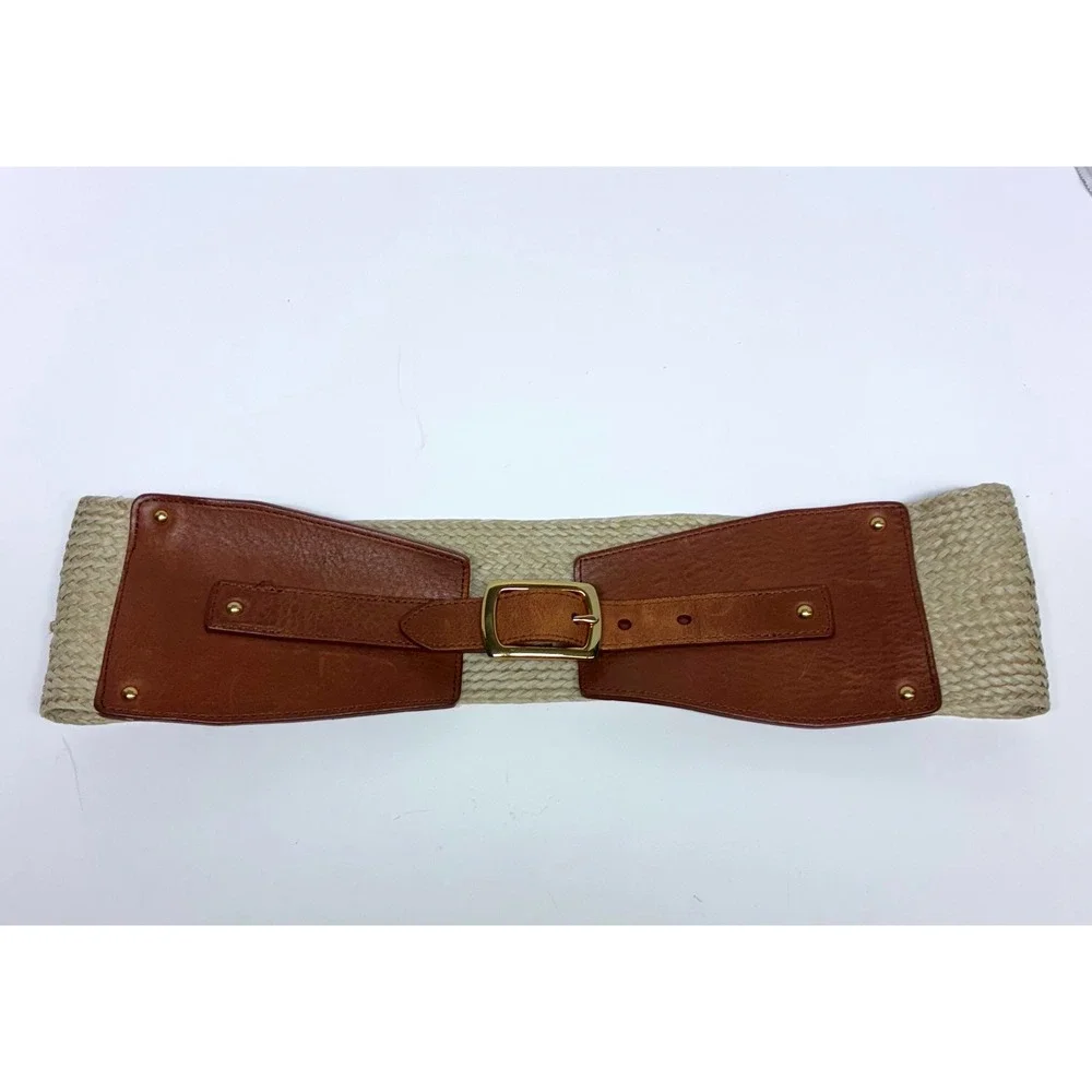 Antonio Melani Wide Waist Cincher Belt Womens M Brown Leather Woven Raffia Straw